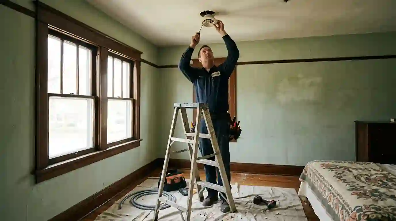 Landcons technician fitting a round ceiling outlet for small-duct air in the bedroom of a 1920s Fort Wayne Craftsman home, plaster walls, soft afternoon window light