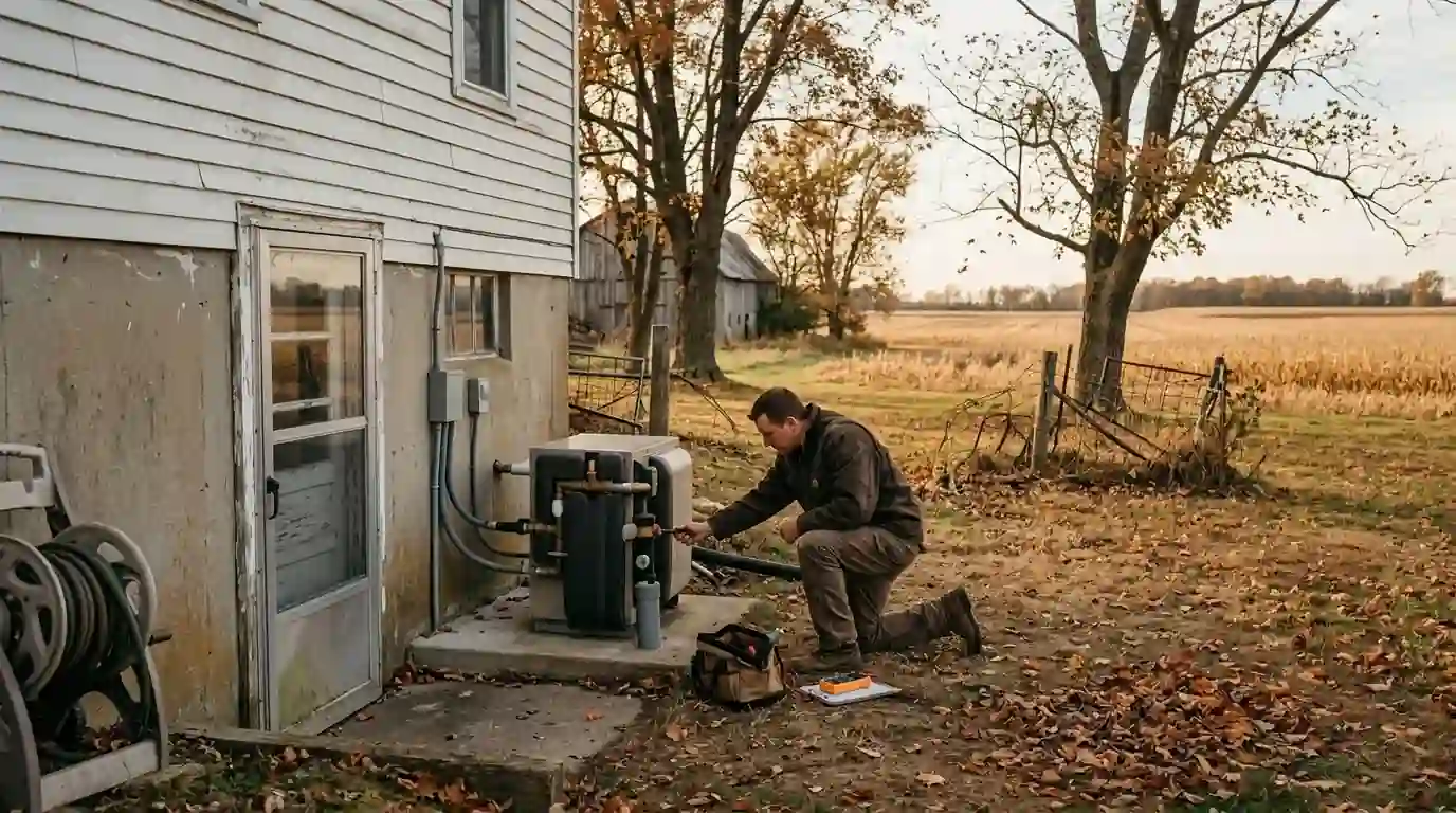 A farmhouse on a rural lot outside Columbia City, Indiana, open fields behind it, late October, a technician kneeling beside a geothermal flow center in the basement doorway light.
