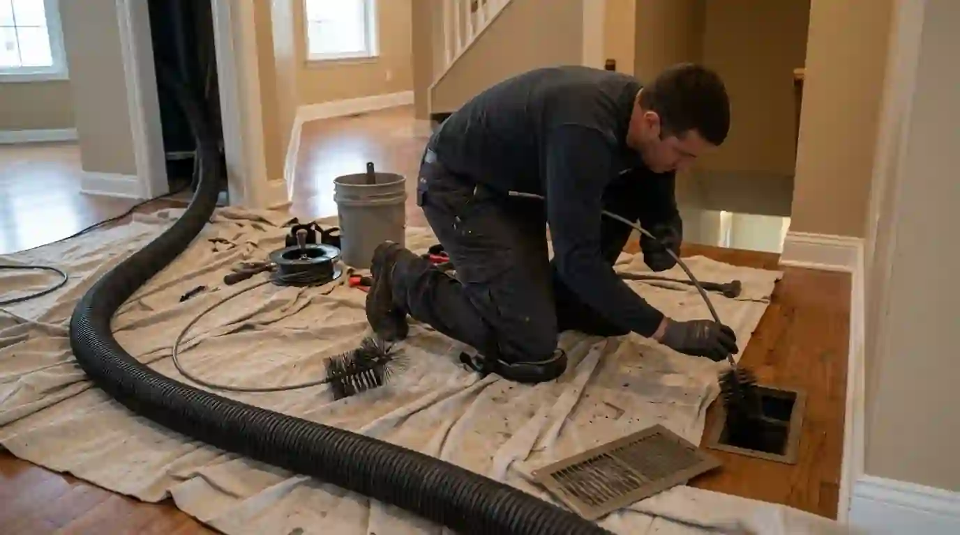 Landcons technician feeding a rotary brush into a floor register while a large vacuum hose connects to the trunk in a Fort Wayne home, drop cloths on hardwood