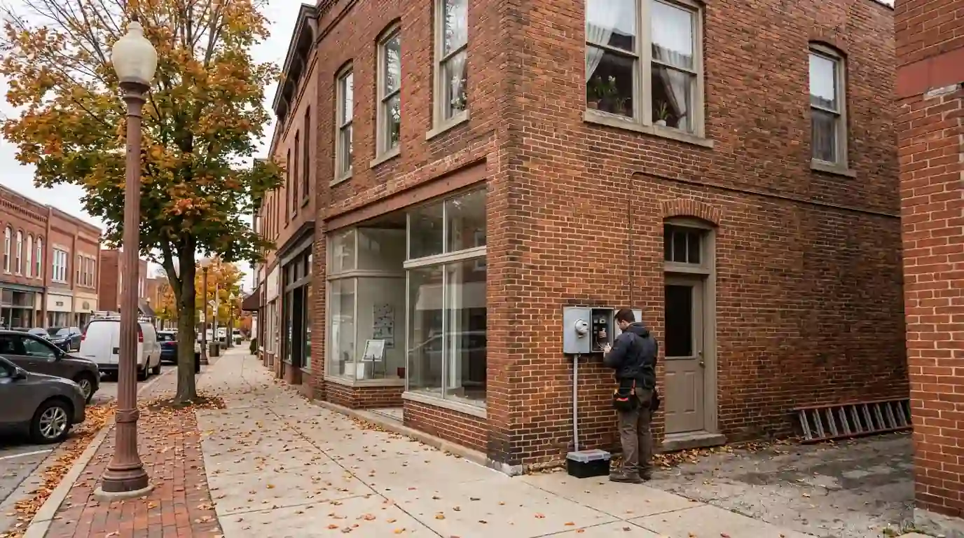 A brick two-story building with an upstairs apartment on the historic main street in Roanoke, Indiana, autumn leaves on the sidewalk, technician at the side entrance.