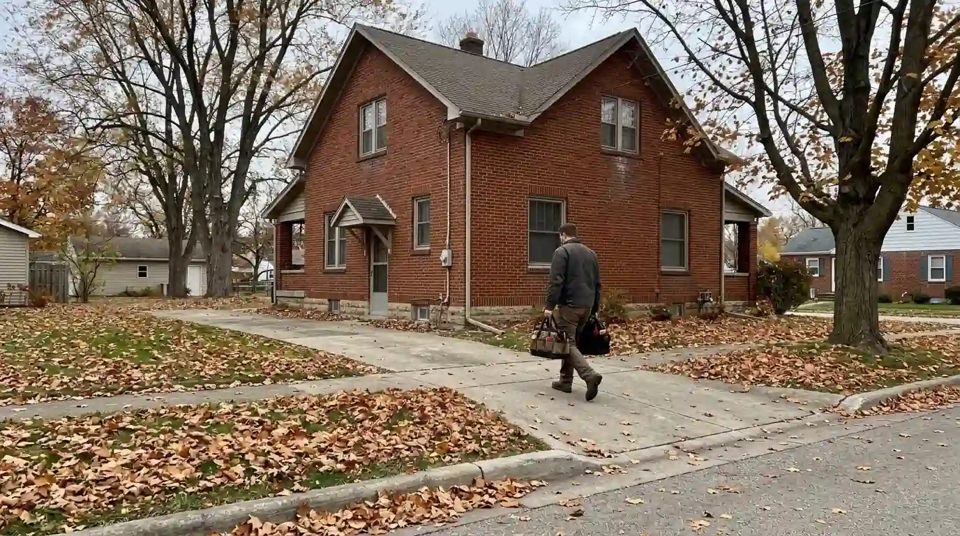 A two-story brick home on a tree-lined street in historic downtown Auburn, Indiana, early November, maple leaves on the grass, a technician walking toward the side door.