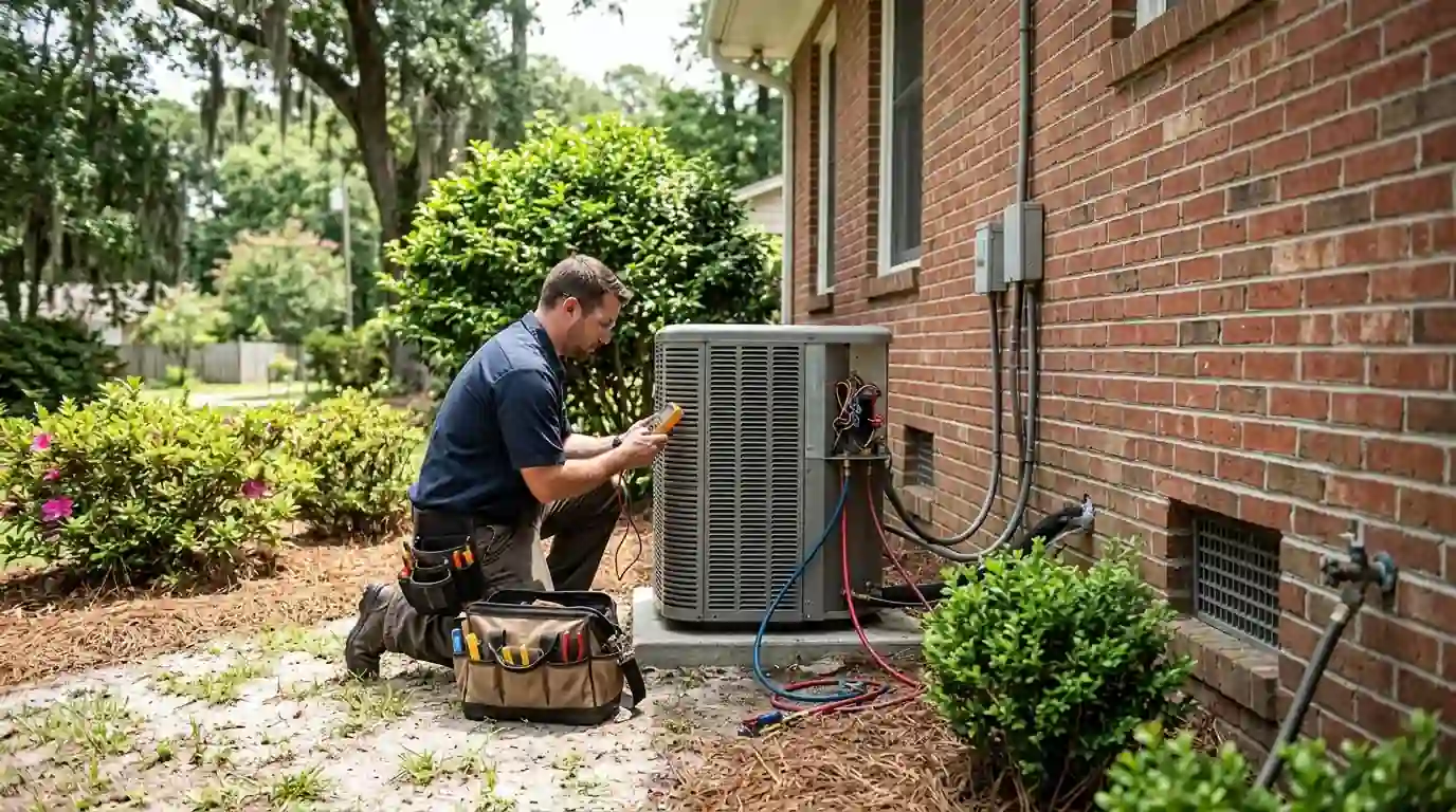 A 1950s brick ranch house with a side yard condenser on a Bluffton, Indiana street in midsummer, green lawn, bright afternoon sun, technician kneeling at the unit.