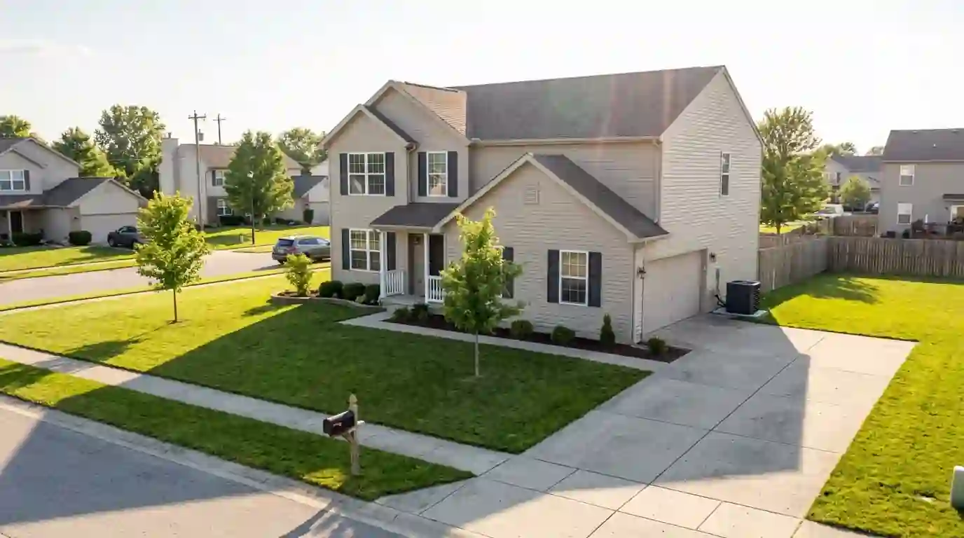A 1990s two-story vinyl-sided home in a New Haven, Indiana subdivision on a sunny summer afternoon, green lawn, young trees, condenser beside the garage