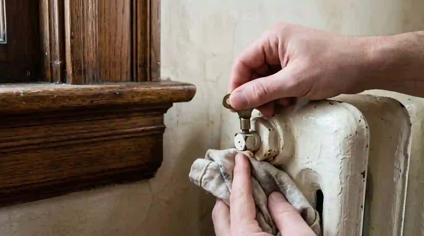 Close view of a hand bleeding air from a painted cast iron radiator valve in an older Indiana home, tall wood trim and a plaster wall behind it.