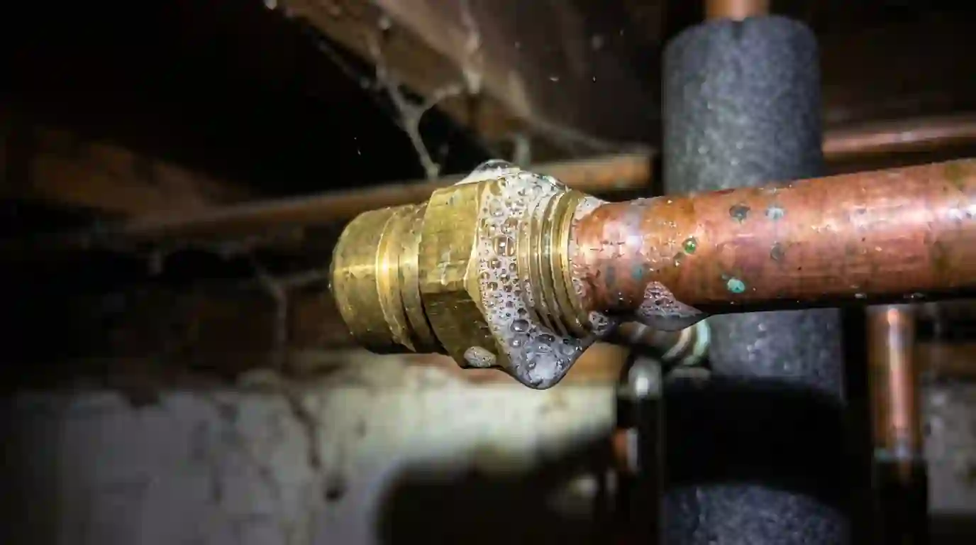 Close view of bubble solution foaming on a brass flare fitting on an air conditioner line in an Indiana basement, flashlight beam on the copper.