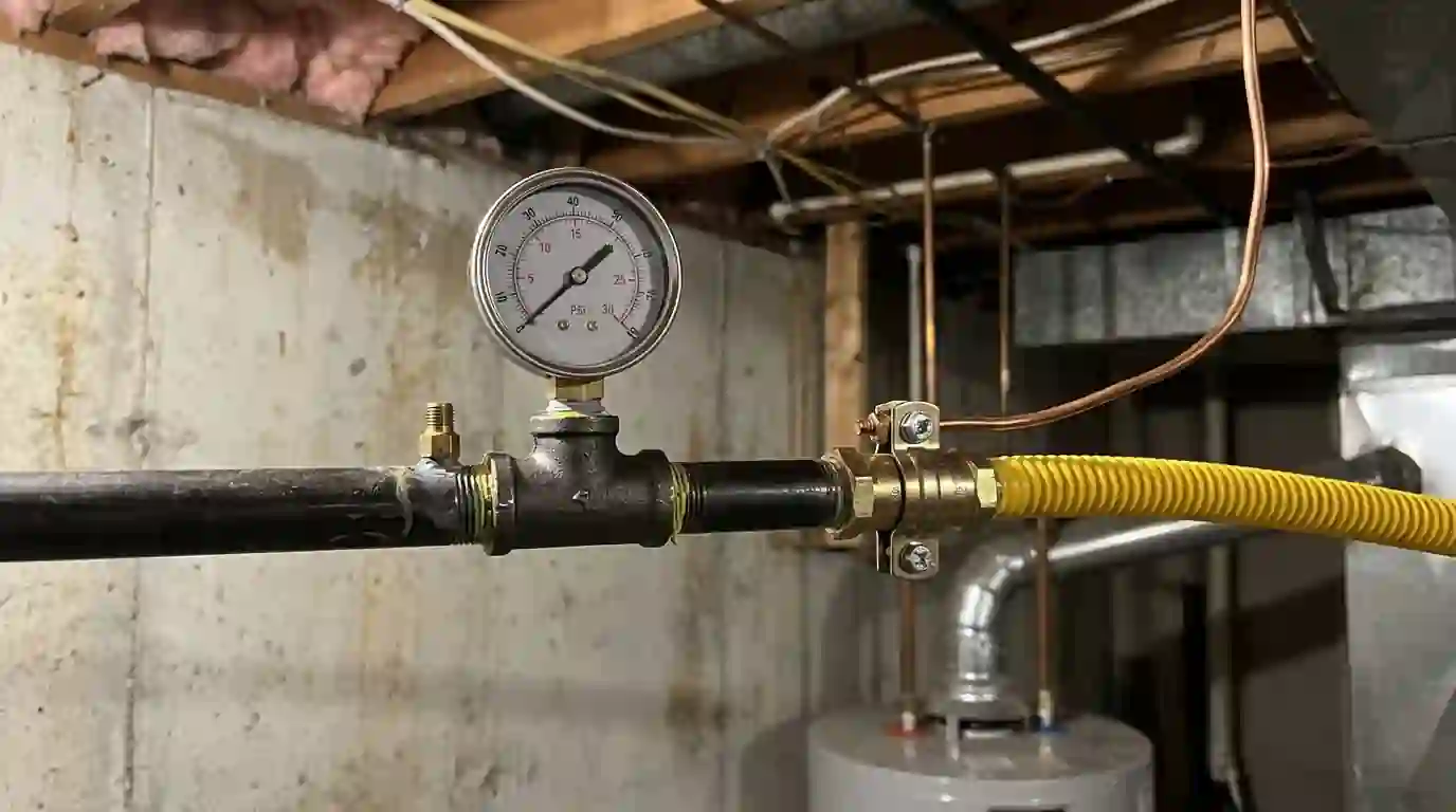 Pressure test gauge attached to newly installed gas piping with a yellow CSST branch and bonding clamp in an Indiana utility room