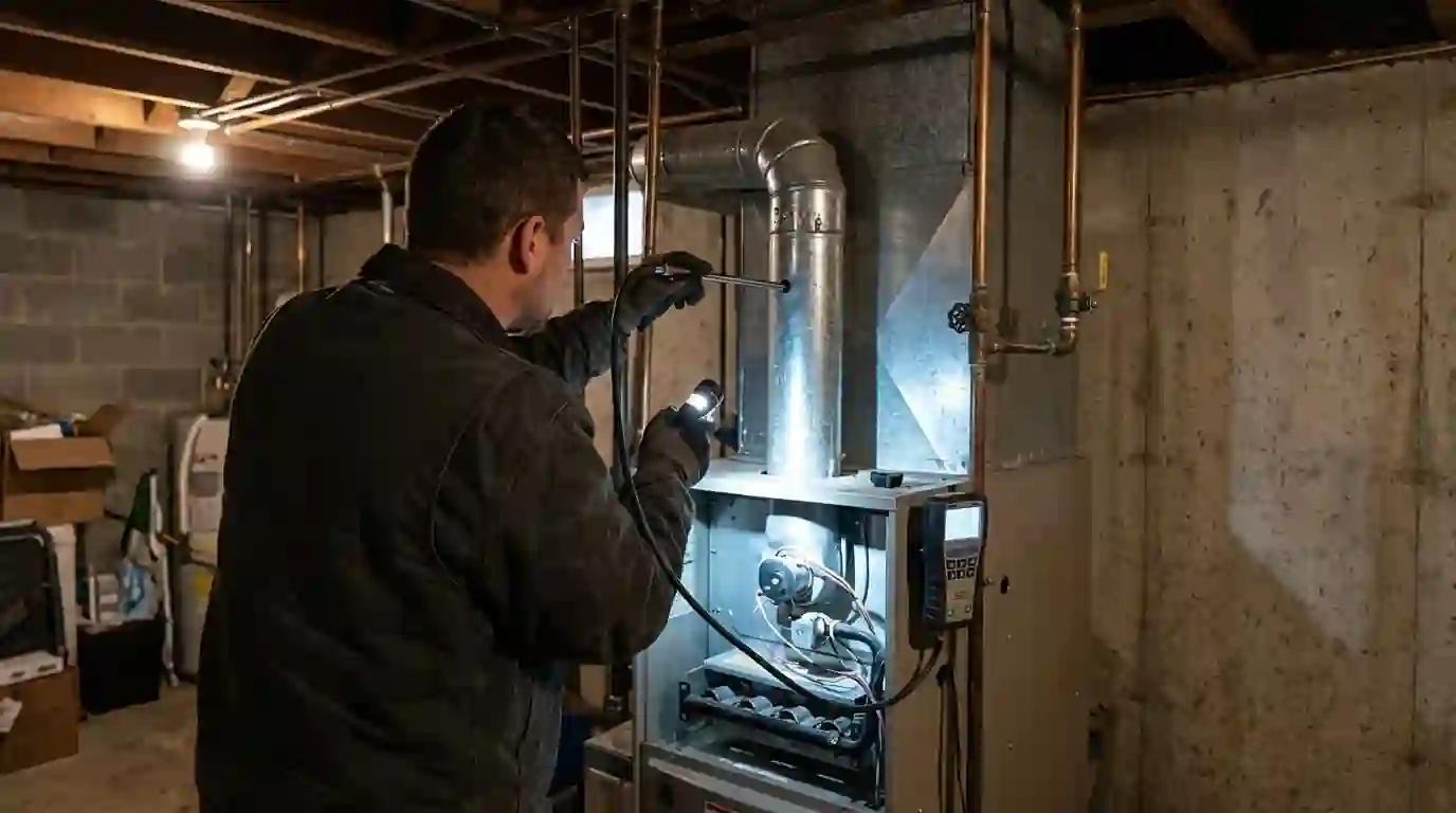Landcons technician holding a combustion analyzer probe in the flue of a gas furnace in a Fort Wayne basement, digital readout glowing, flashlight on the burners