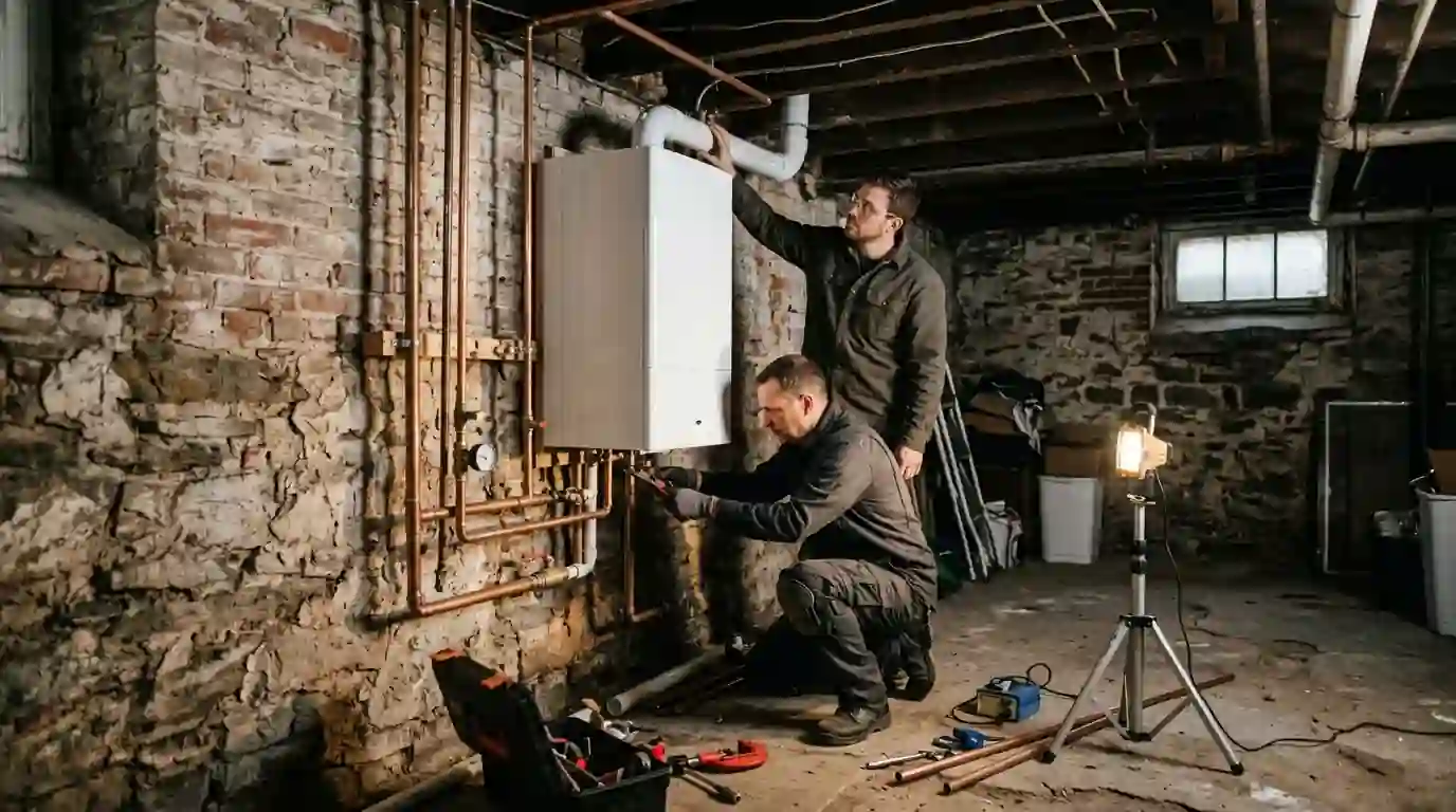 Two Landcons installers pipe a new wall-hung condensing boiler in the basement of a 1920s Fort Wayne home, copper and black iron piping and a new expansion tank in place.