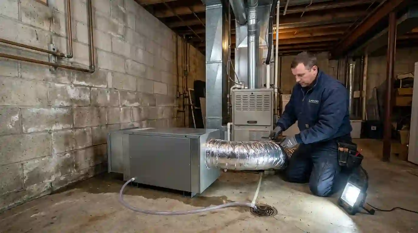 Landcons technician connecting a ducted dehumidifier beside a furnace in a damp Fort Wayne block-wall basement, condensate line running to a floor drain