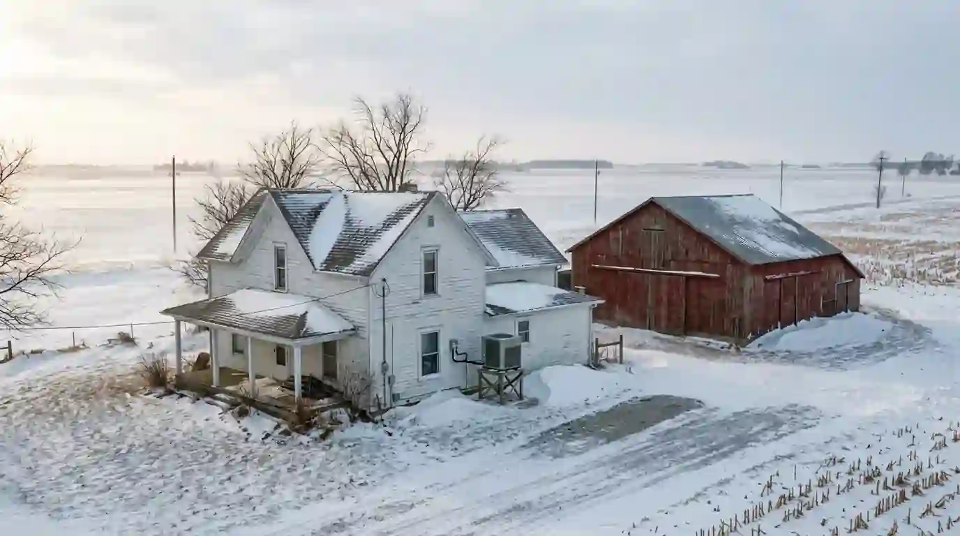 A farmhouse with a red barn and a heat pump on a raised stand near Woodburn, Indiana, flat snowy fields stretching behind it on a windy February afternoon.