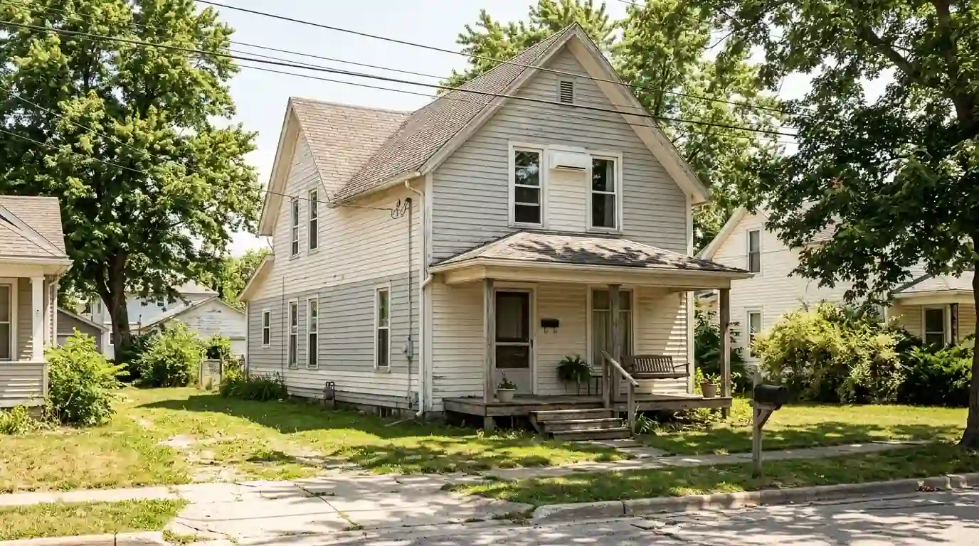 A narrow two-story early 1900s frame house in Waterloo, Indiana, with a white ductless wall unit visible through an upstairs window on a bright summer afternoon.