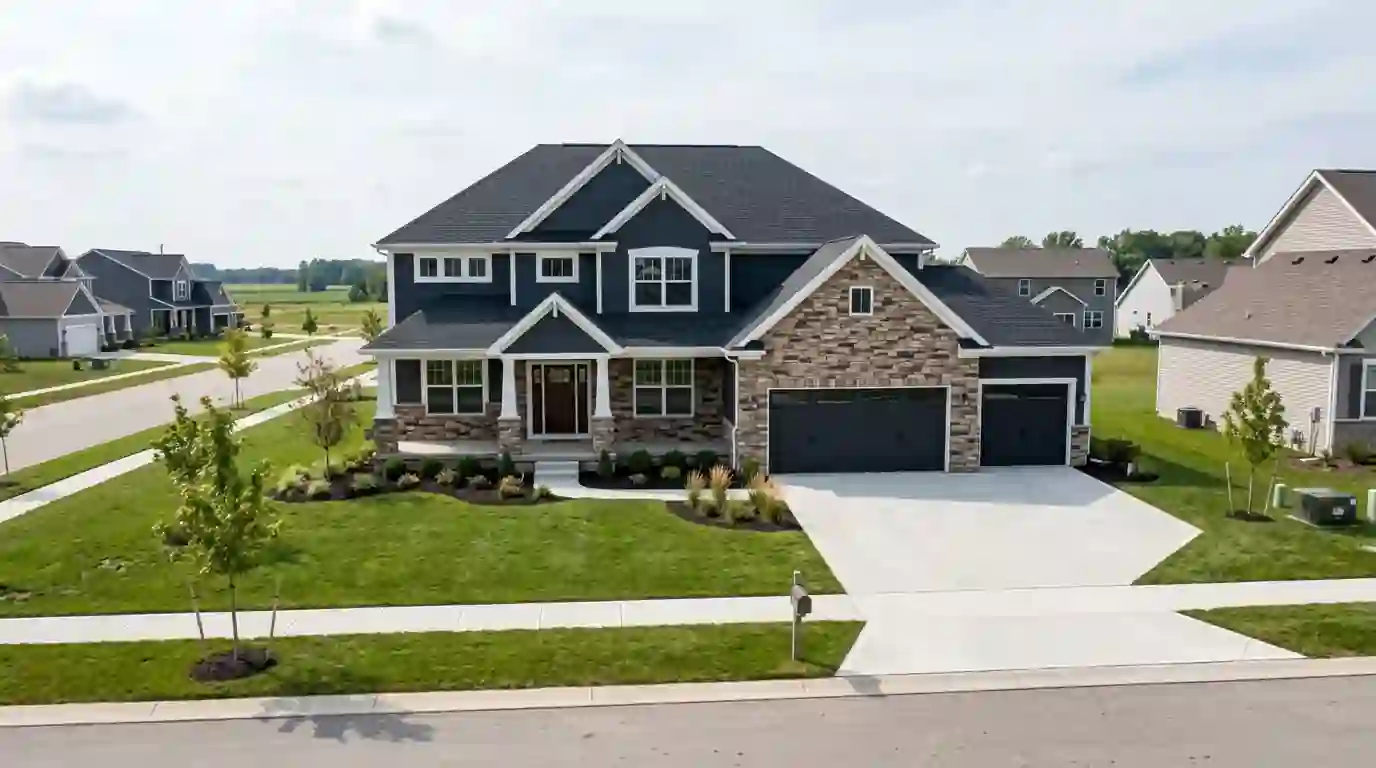 A new two-story home with stone accents in a Huntertown, Indiana subdivision on a bright spring morning, young landscaping, side wall PVC furnace vents
