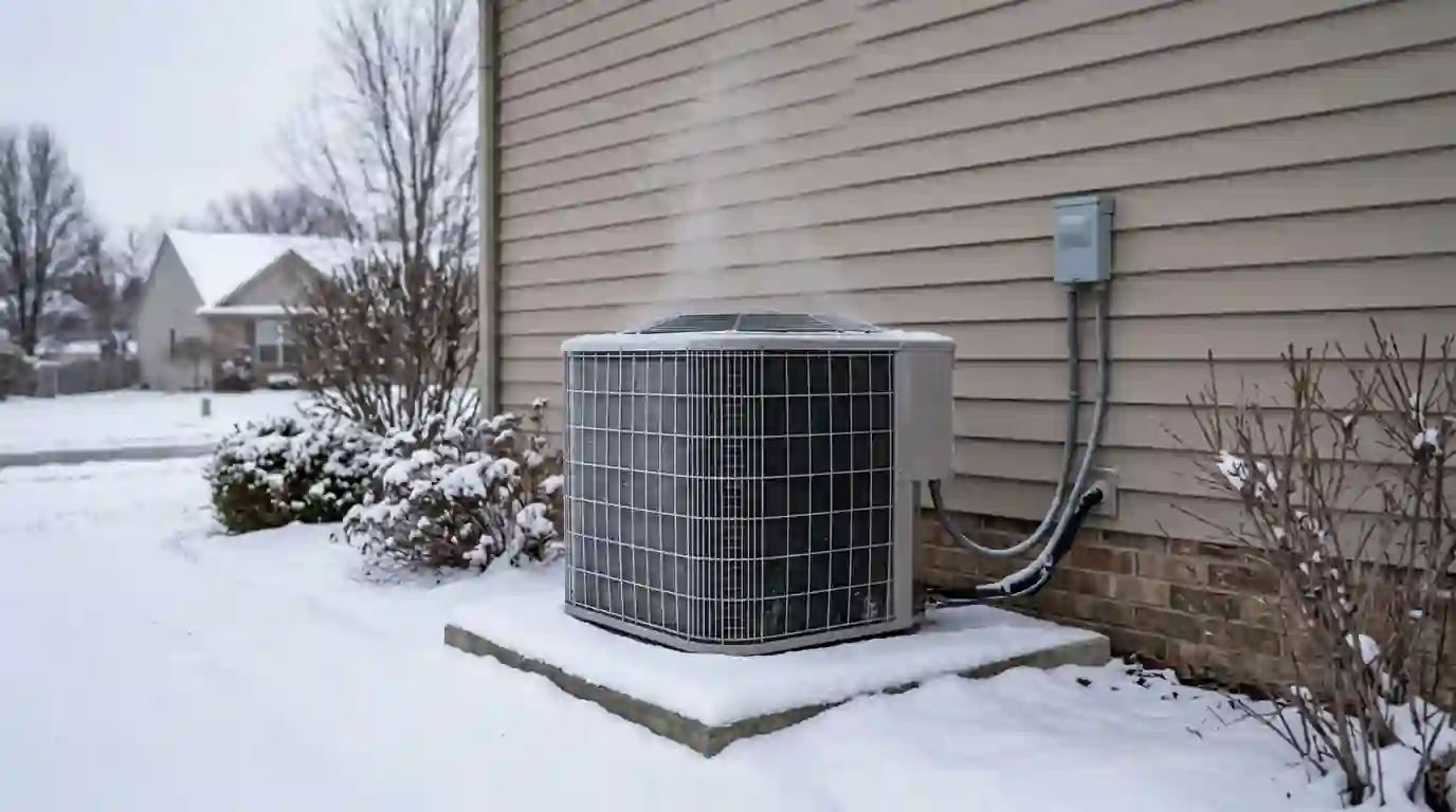 Outdoor heat pump on a raised stand beside a Fort Wayne ranch home, light steam rising during a defrost cycle, fresh snow on the lawn, gray January sky