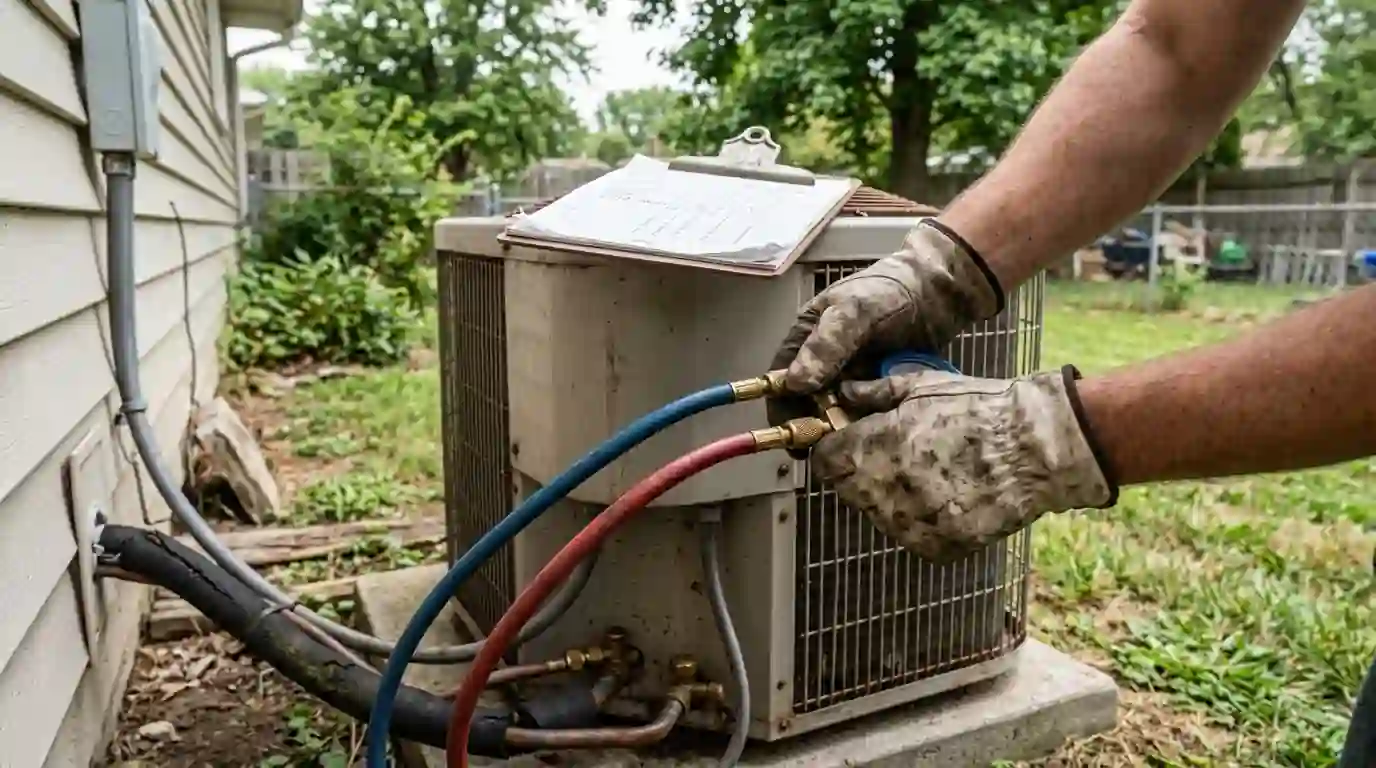 Hands holding gauge manifold hoses connected to service ports on an outdoor condenser in an Indiana backyard, clipboard with readings resting on top.