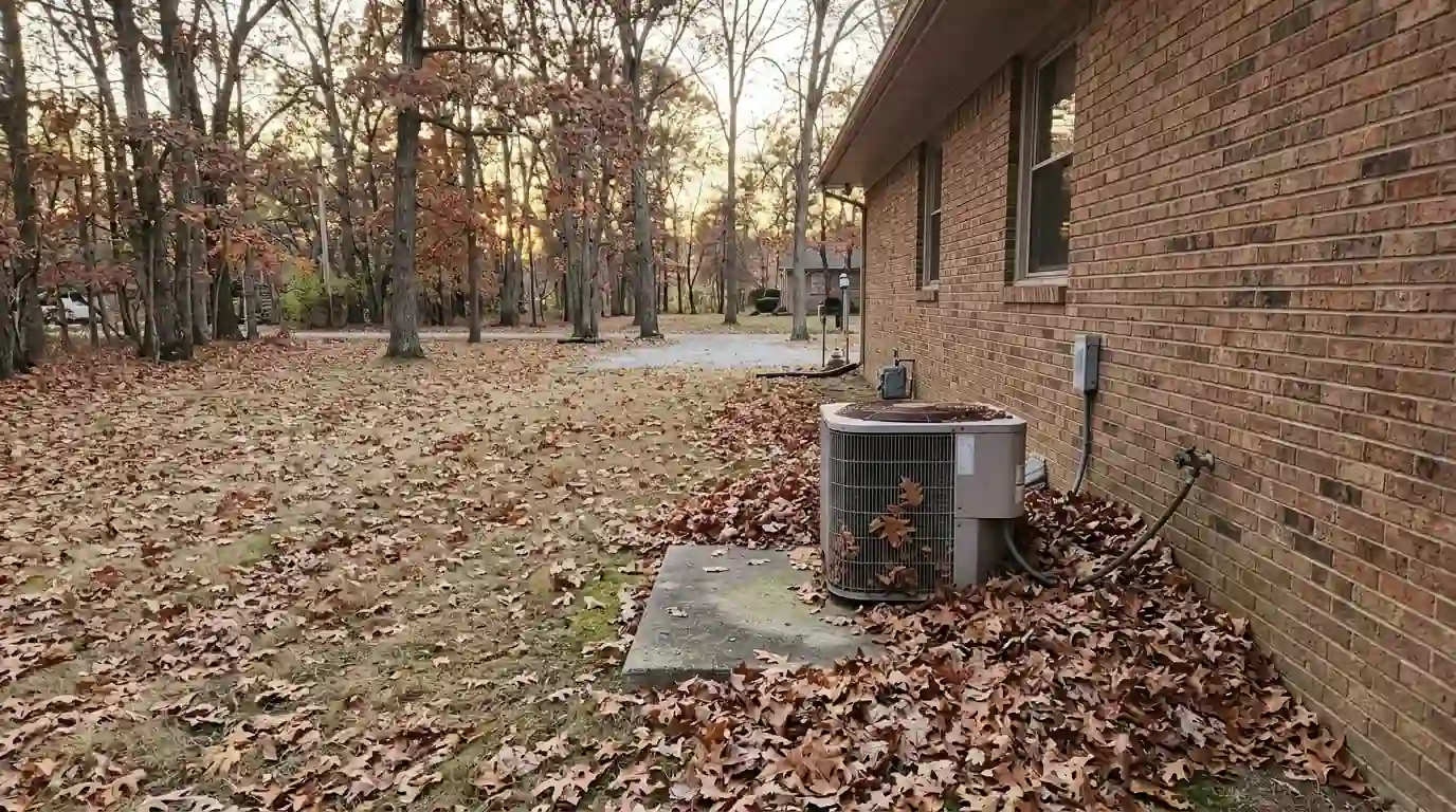 A brick ranch house on a large wooded lot in Leo-Cedarville, Indiana, in late October, fallen oak leaves piled around an outdoor heat pump, warm evening light