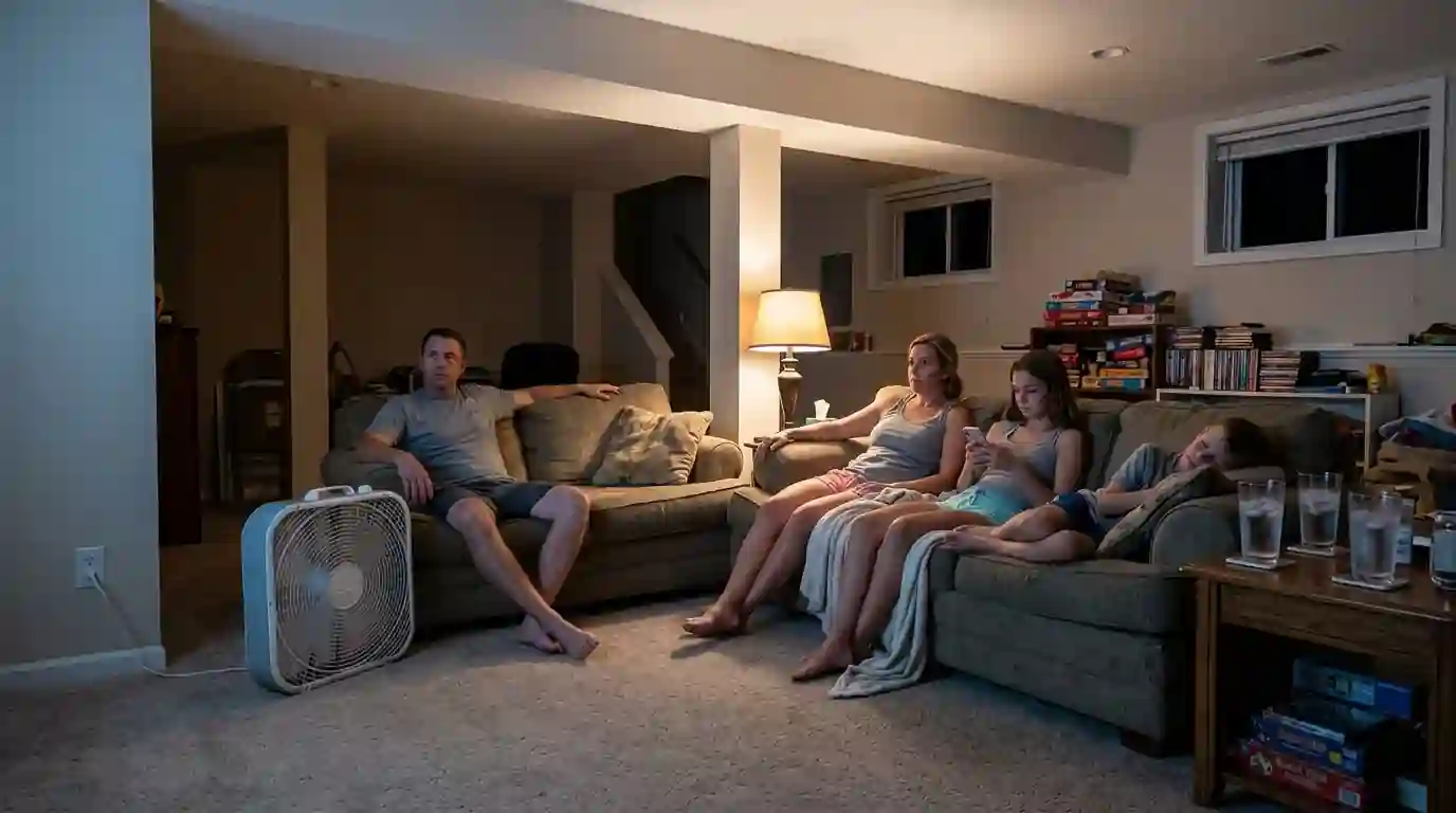 Family resting in a cool finished basement in an Indiana home on a hot night, box fan running, water glasses on a side table, dim lamp light.