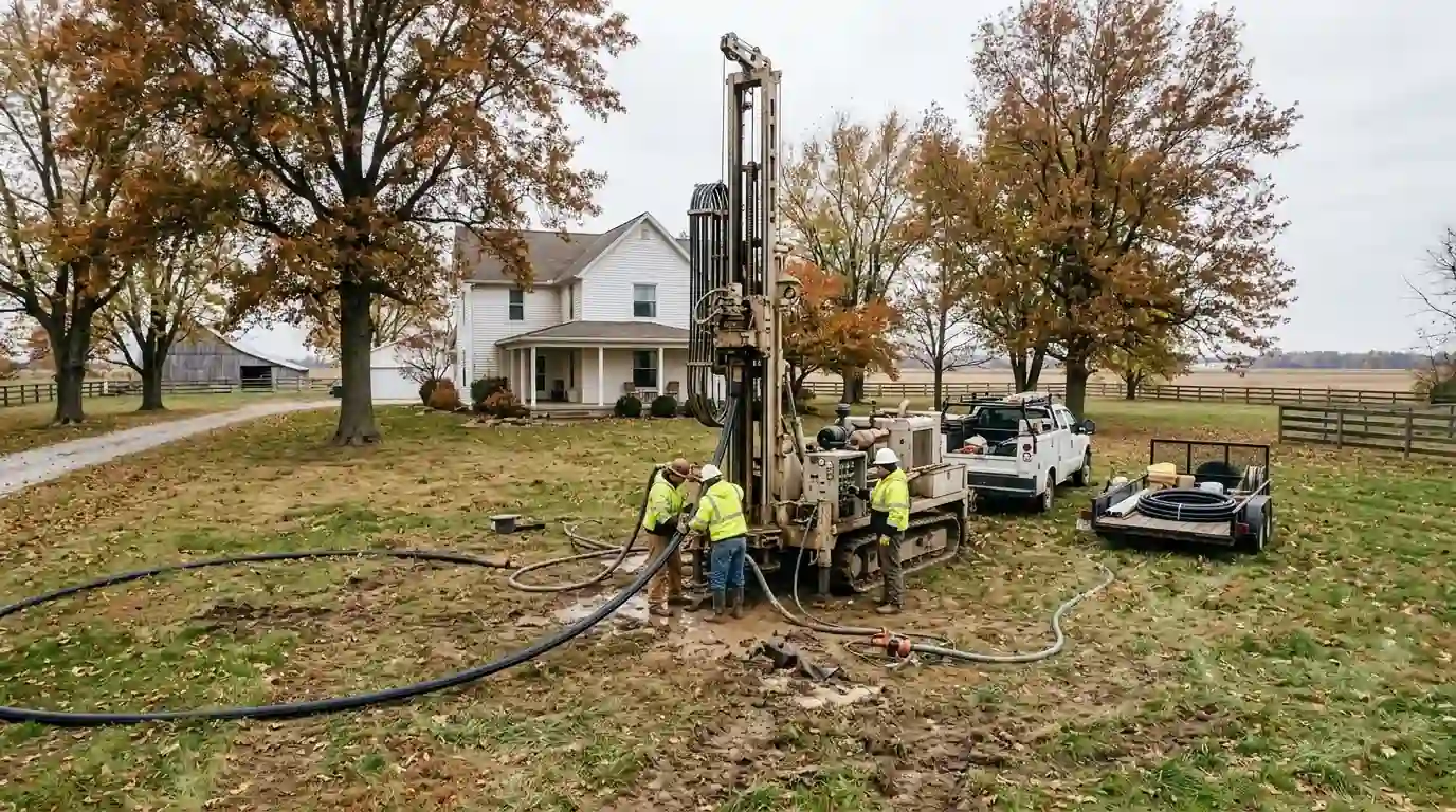 Drilling rig boring a vertical geothermal loop in the side yard of a rural home outside Fort Wayne, Indiana