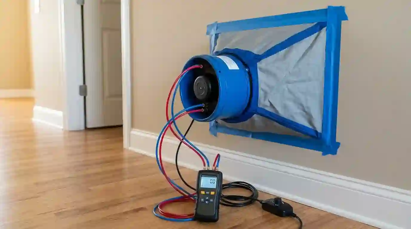 Close view of a calibrated duct leakage test fan connected to a return grille in an Indiana home, gauge tubing running to a digital manometer on the floor