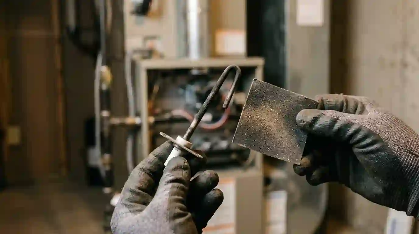 Technician holding a sooty furnace flame sensor rod next to fine sandpaper in a Fort Wayne, Indiana utility room
