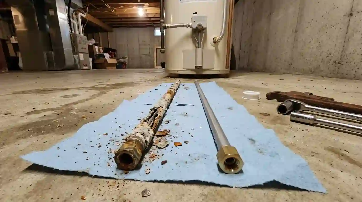 Corroded anode rod laid next to a new replacement rod on a shop towel in an Indiana basement, water heater tank in the background