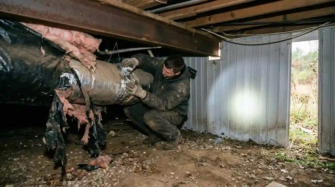 Close view under a single-wide mobile home in rural Indiana showing a technician resealing an insulated crossover duct beside torn black belly wrap, flashlight beam across vinyl skirting.