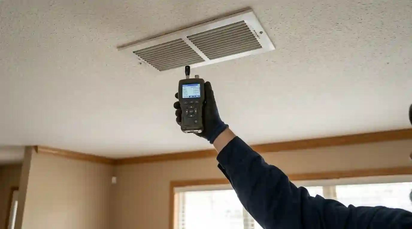 Handheld laser particle counter held up to a ceiling supply register in an Indiana living room, technician's arm in a work shirt, neutral indoor light