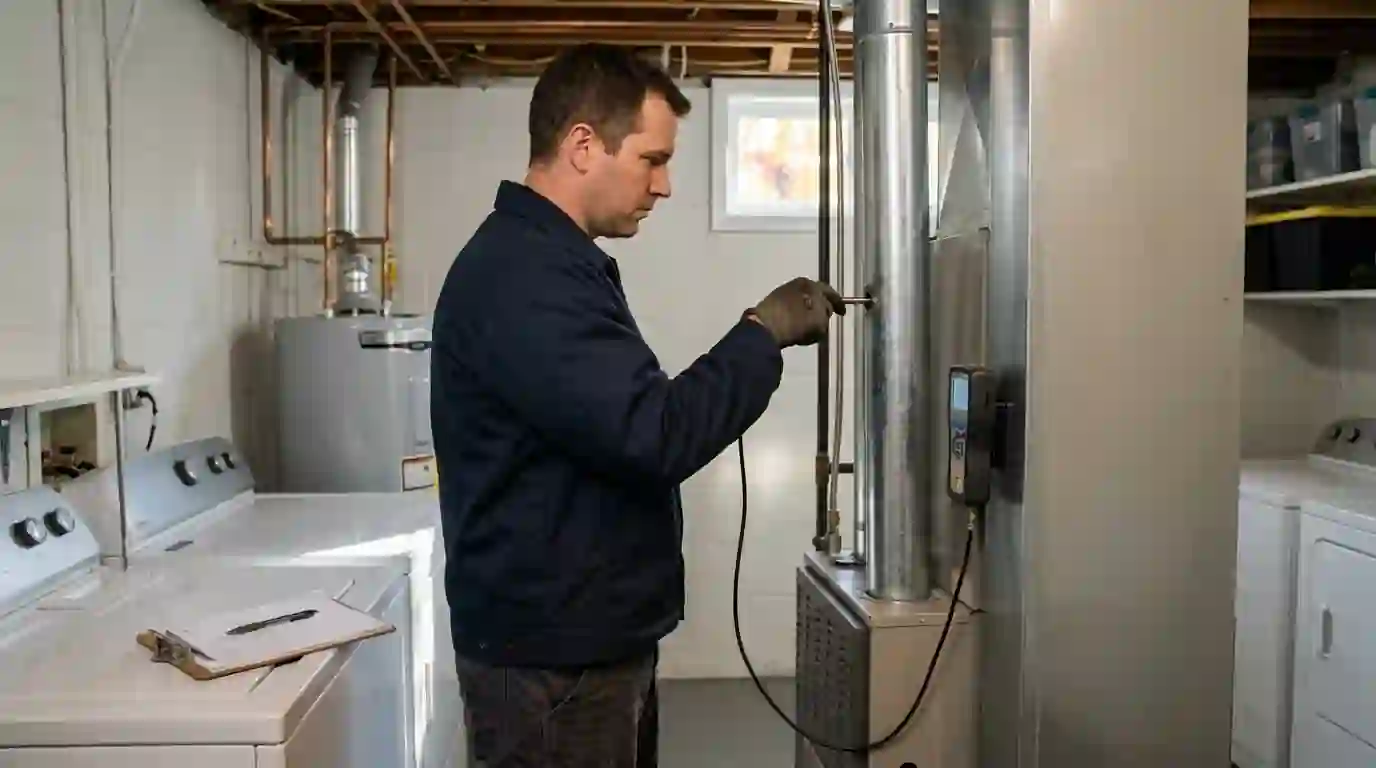 A Landcons technician holds a combustion analyzer probe in a furnace flue pipe in a tidy Fort Wayne basement on a crisp fall morning, notes on a clipboard beside him.