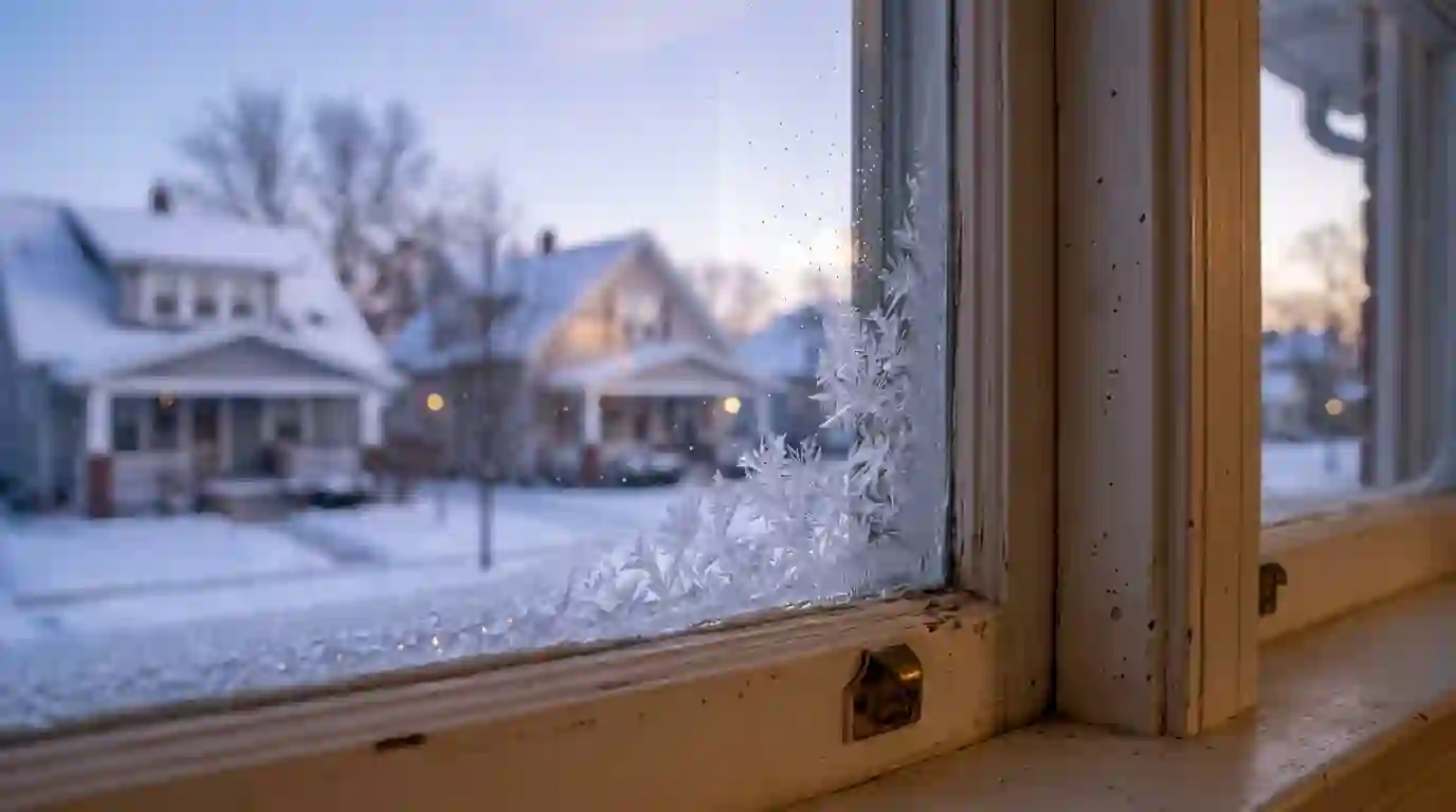 Frost forming on the inside corner of a double-hung window on a January morning in a Fort Wayne, Indiana living room