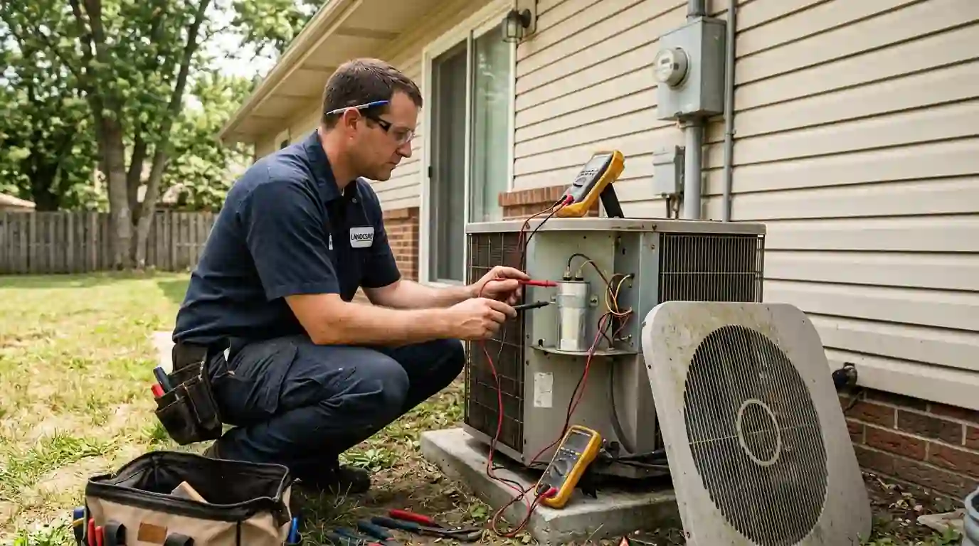 Landcons technician testing a capacitor with a multimeter beside an open outdoor AC unit behind a Fort Wayne ranch home, bright humid summer afternoon.