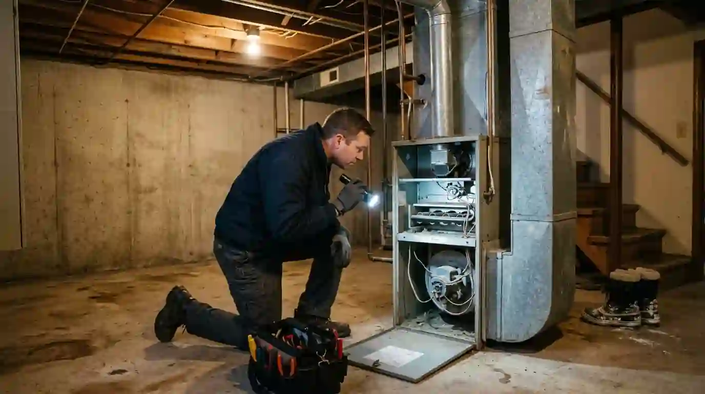 Landcons technician kneeling beside an older gas furnace in a Fort Wayne basement, flashlight on the burner area, soft overhead bulb light, winter boots by the stairs