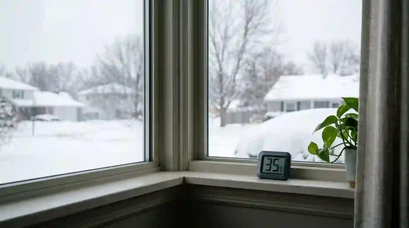 Clear, unfrosted double-pane window in a quiet Indiana living room on a snowy January morning, hygrometer on the sill reading mid thirties, soft gray daylight