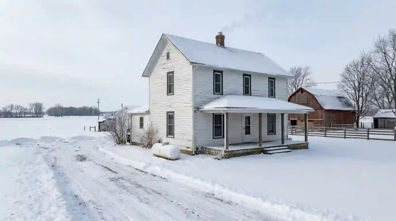 A white two-story farmhouse in rural Allen County, Indiana, on a snowy January morning, propane tank beside the porch, red barn and open fields behind