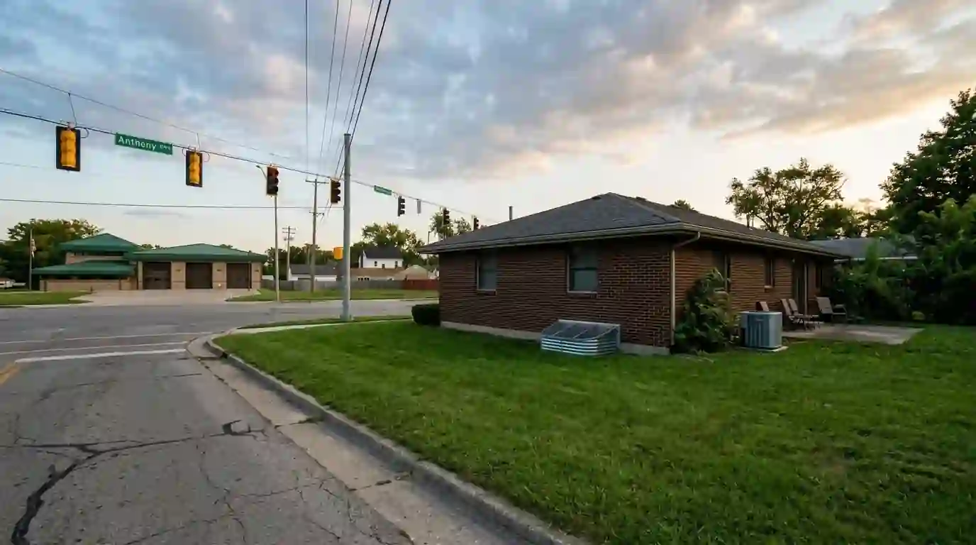 Brick ranch with a finished basement window well in the St. Joe area of Fort Wayne, humid summer evening, green lawn, outdoor AC unit humming beside the patio.