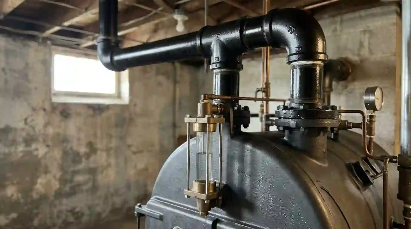 Close view of a new cast iron steam boiler with a sight glass and freshly painted near-boiler header piping in an Indiana basement, soft daylight from a small window.