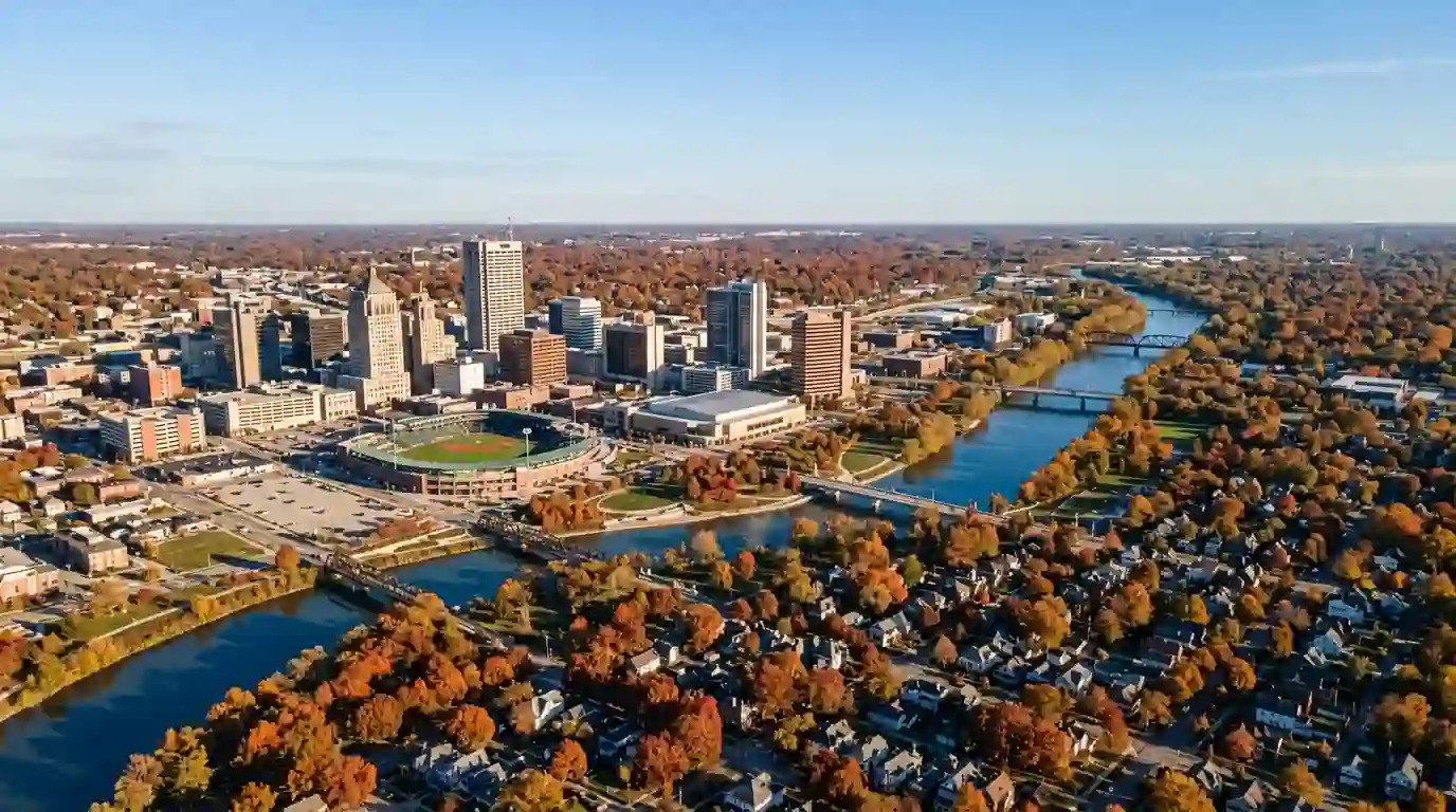 Aerial view of Fort Wayne, Indiana neighborhoods and the rivers downtown on a clear autumn afternoon
