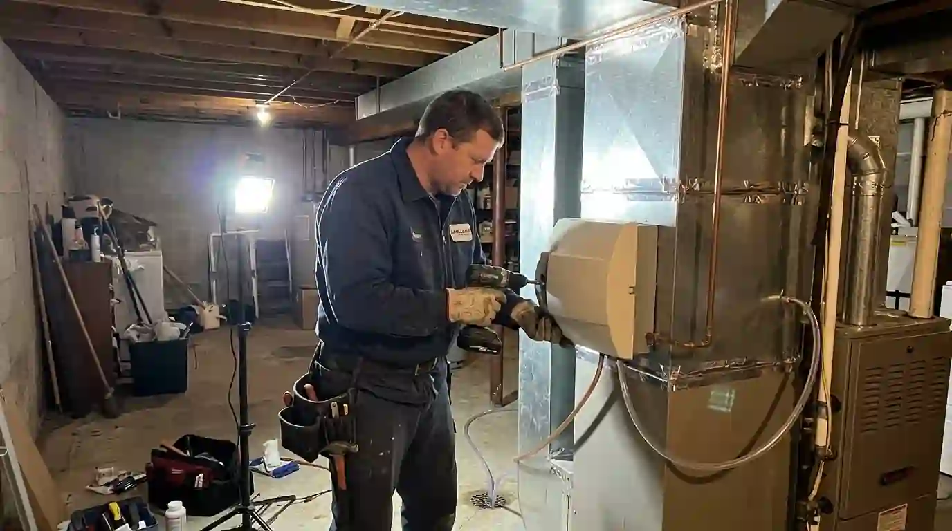 Landcons technician mounting a bypass humidifier on a furnace plenum in a Fort Wayne basement, copper water line and drain tubing visible, bright work light