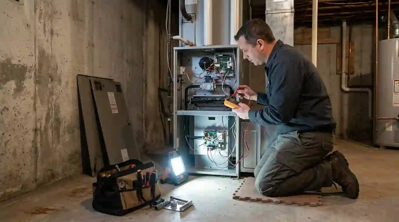 A technician kneels beside an open basement gas furnace in a Fort Wayne home, testing the igniter with a multimeter under a bright work light, concrete walls behind.