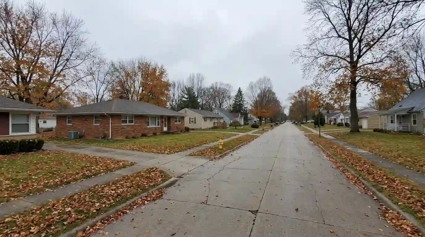 Brick 1950s ranch house with a low-pitched roof in Waynedale, Fort Wayne, on a gray late-autumn morning, leaves on the lawn and a small outdoor condenser by the side wall.