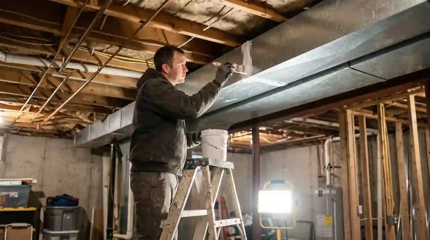 Landcons technician brushing white mastic onto a galvanized trunk duct joint in an unfinished Fort Wayne basement, work light casting soft shadows across floor joists