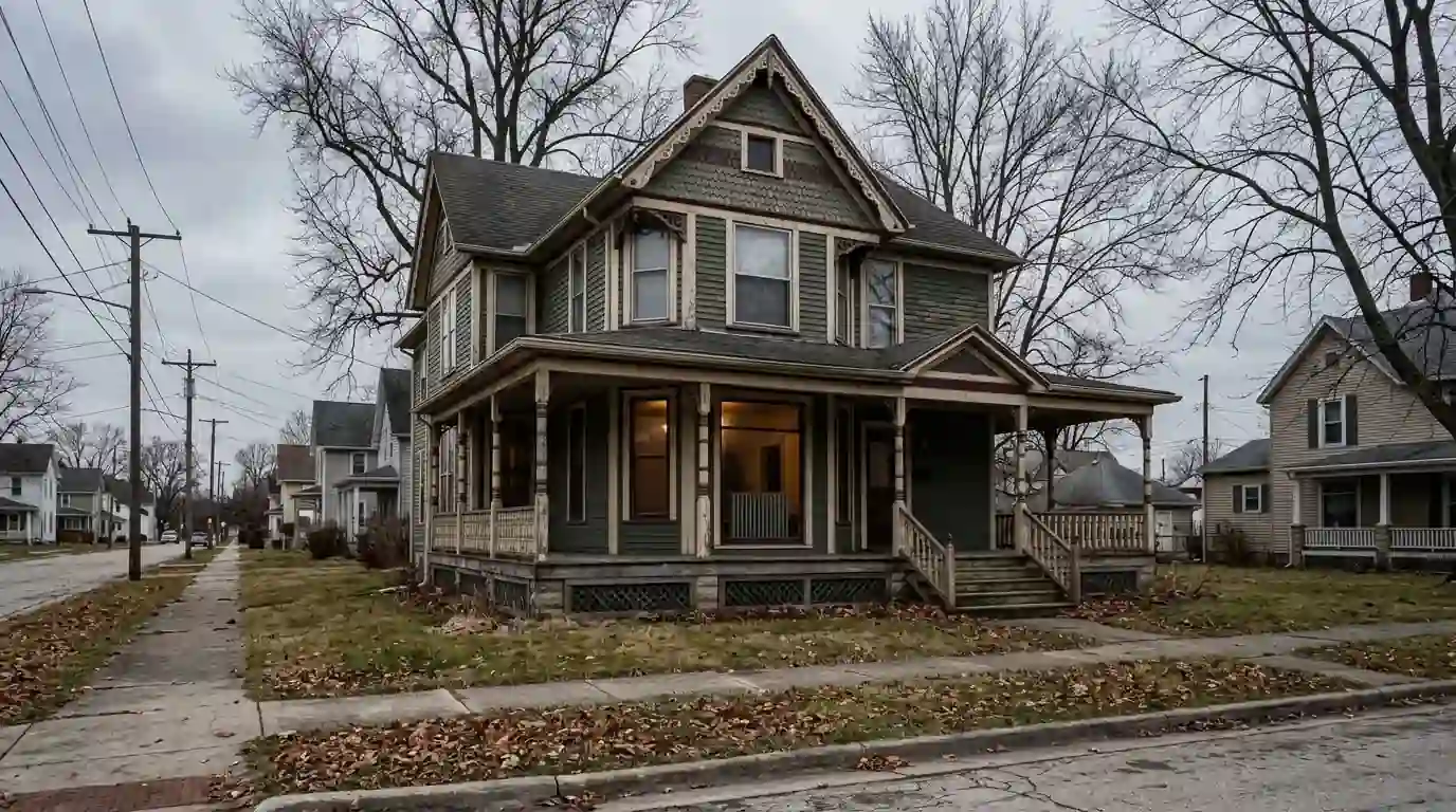 A two-story Victorian home with a wraparound porch on an older street in Huntington, Indiana, bare trees in late fall, gray sky, steam radiator visible through a front window.