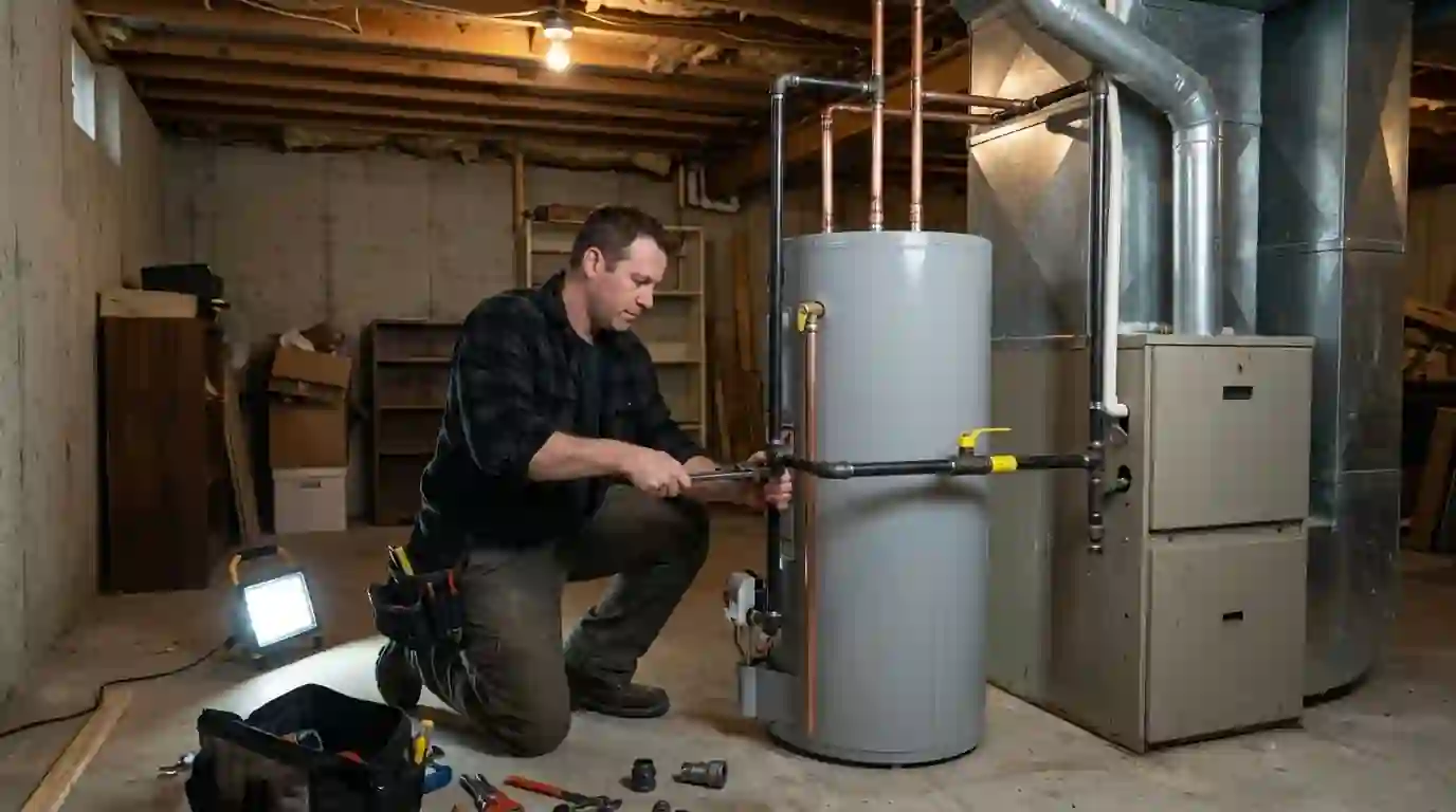 Landcons technician installing a new gas water heater beside a furnace in an unfinished Fort Wayne basement, fresh copper and black pipe fittings visible
