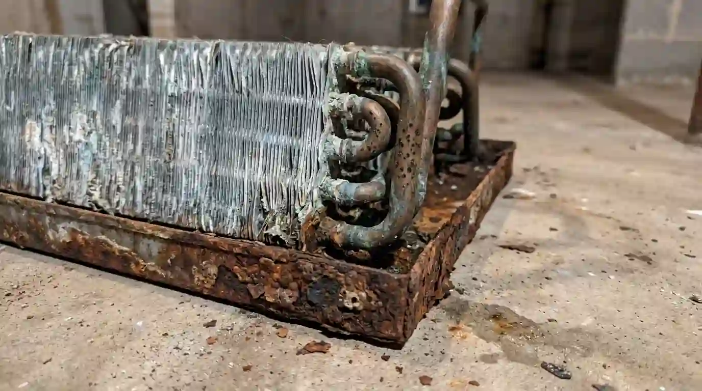 Close view of a corroded copper evaporator coil with dark pinhole pitting and a rusted drain pan, removed from an Indiana home, resting on a basement floor.