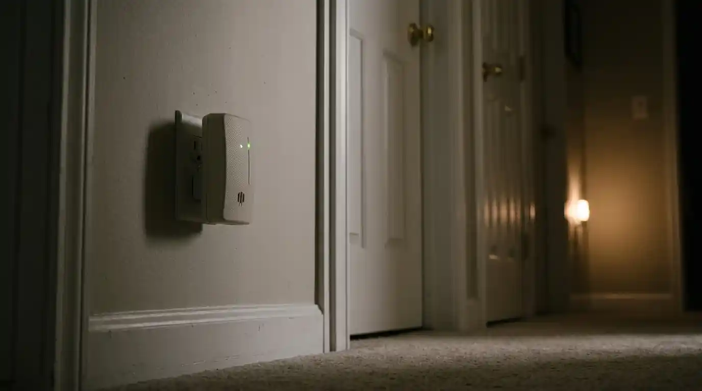 Plug-in carbon monoxide alarm on a hallway outlet outside bedrooms in a Fort Wayne, Indiana home at night
