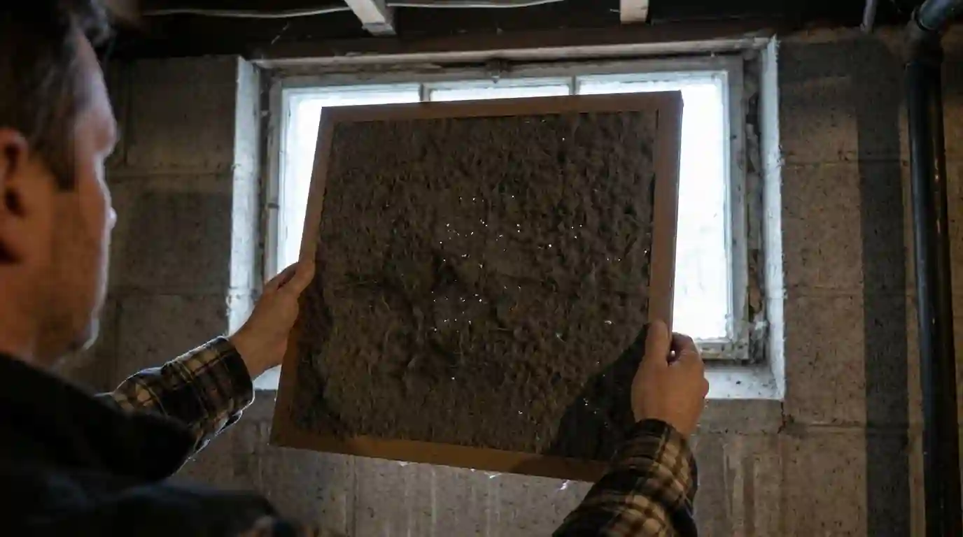 Close view of a Fort Wayne homeowner holding a gray dust-clogged furnace filter up to a basement window, winter daylight showing how little light passes through