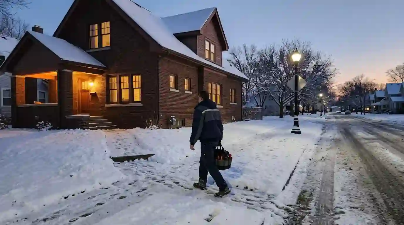 A Landcons HVAC technician walking up to a brick two-story home on a snowy Fort Wayne street at dusk, porch light on, tool bag in hand.
