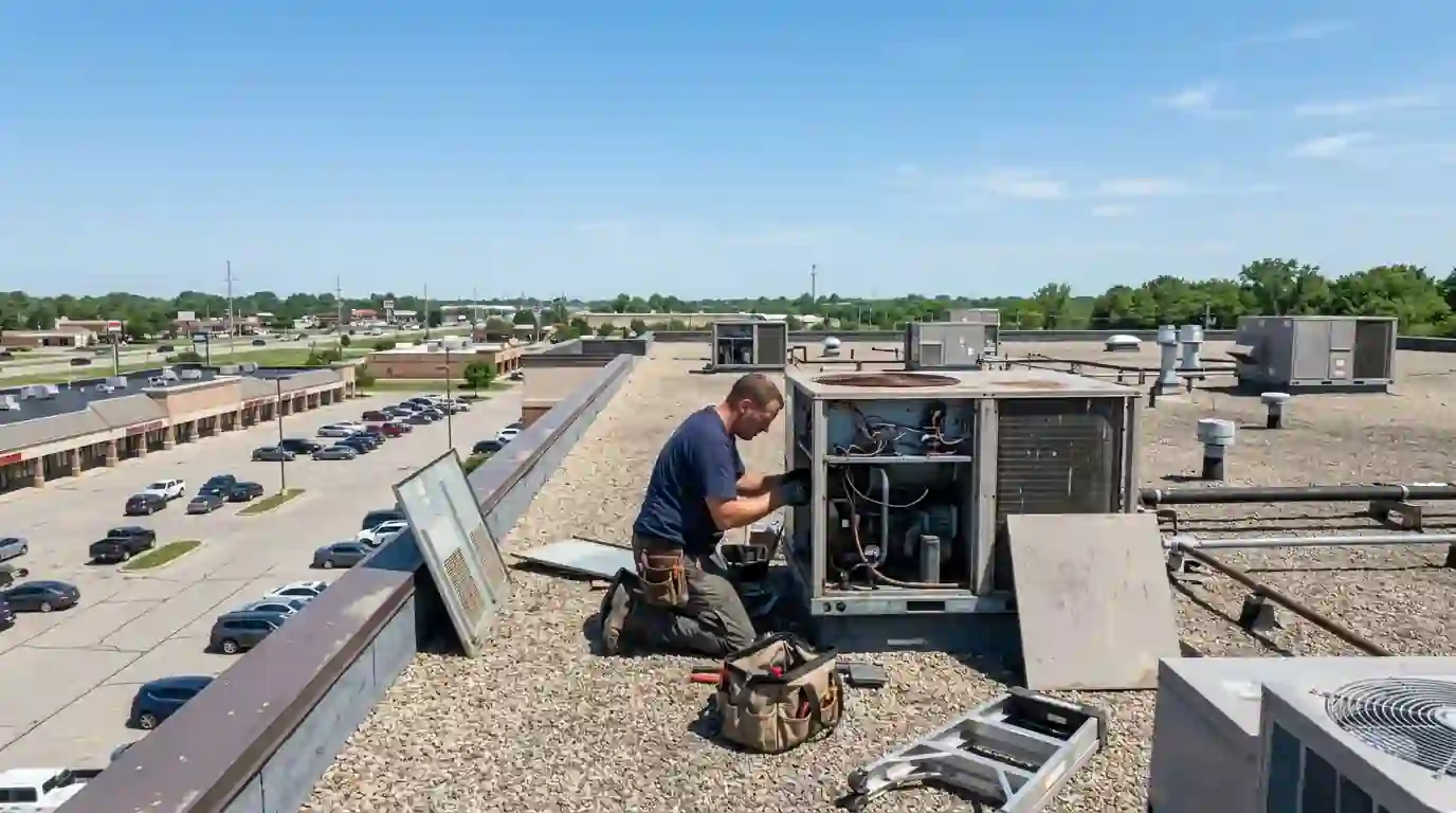 Landcons technician servicing an open rooftop HVAC unit on a flat commercial roof in Fort Wayne under a clear summer sky, strip center parking lot below