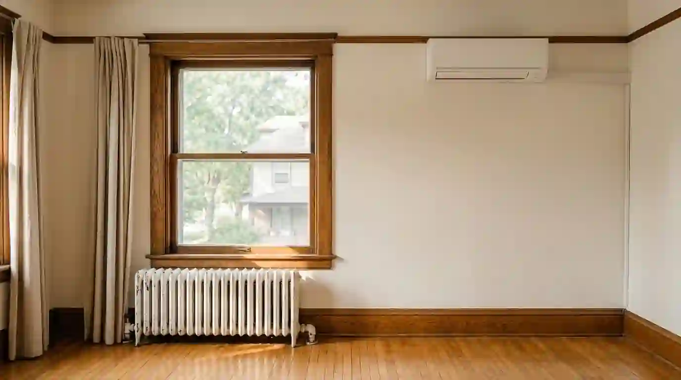 Cast iron radiator under a tall window in a historic Lakeside home in Fort Wayne, white ductless wall unit mounted high above, afternoon light on oak trim
