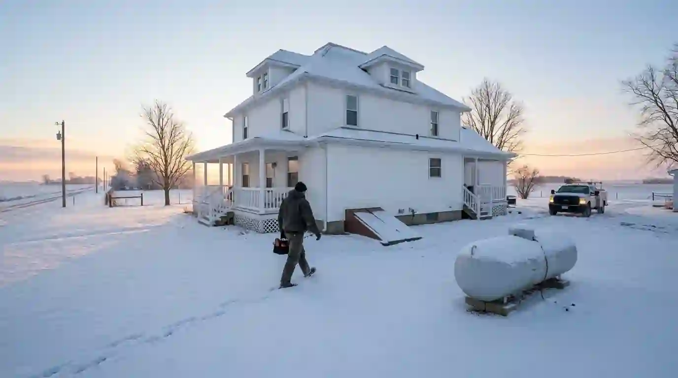 A white two-story farmhouse with a wraparound porch on a county road outside LaGrange, Indiana, propane tank in the snowy yard, a technician walking toward the cellar door at dawn.