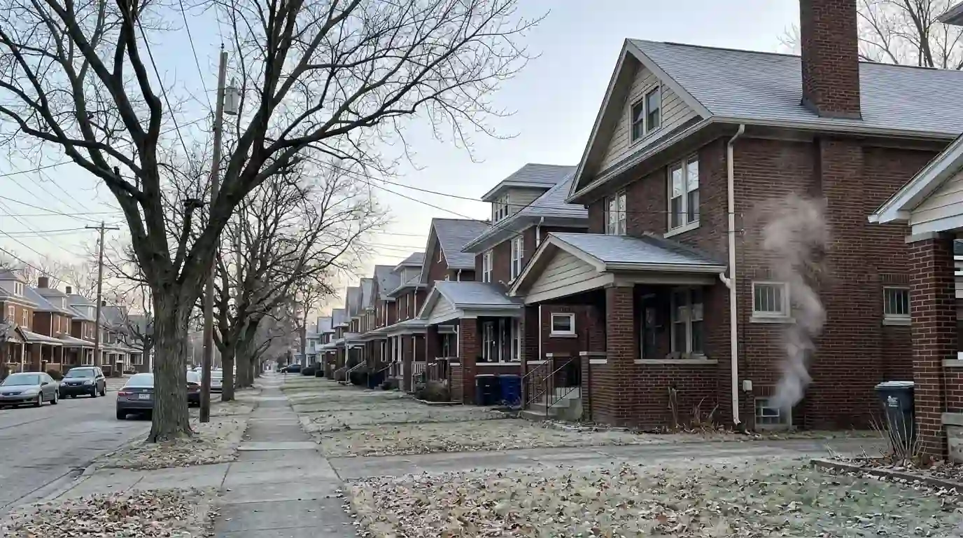 Row of brick and frame homes along a tree-lined street in Fort Wayne, Indiana in early winter, steam rising from a basement furnace vent