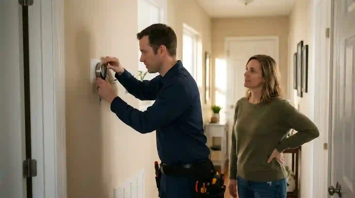 Homeowner and Landcons technician standing in a Fort Wayne hallway as the technician mounts a sleek wall thermostat, soft afternoon window light